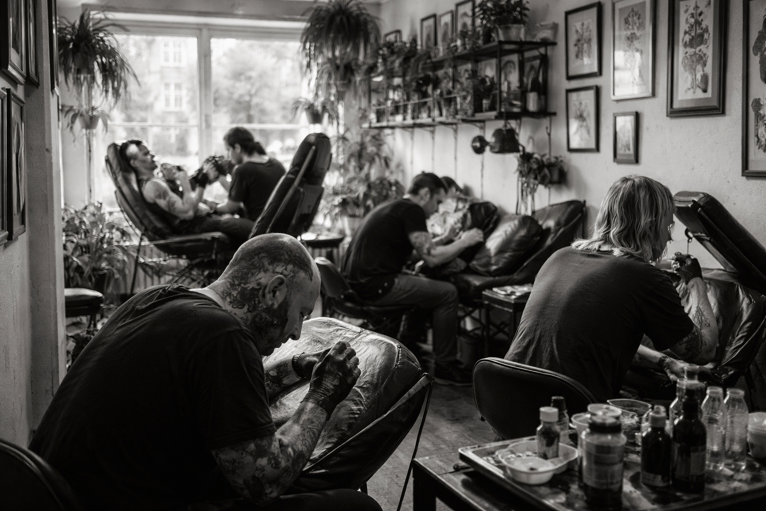 Stemningsbillede: arbejdet i gang, set bredt (tatovør og piercing). Ikke et foto af virksomheden.