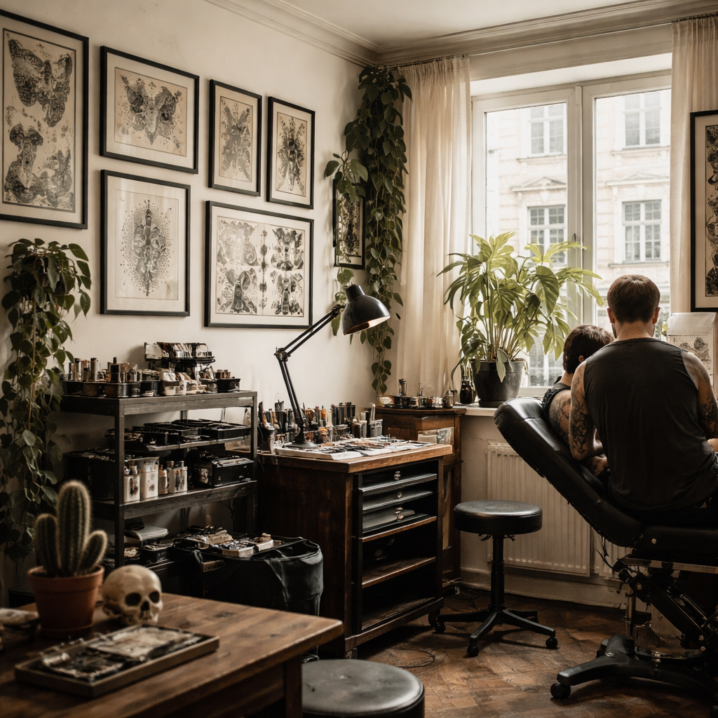 Stemningsbillede: et roligt hjørne af et typisk lokale (tatovør og piercing). Ikke et foto af virksomheden.