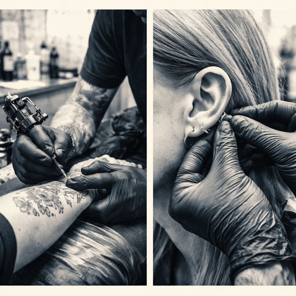 Stemningsbillede: hænder der udfører arbejdet, tæt på (tatovør og piercing). Ikke et foto af virksomheden.